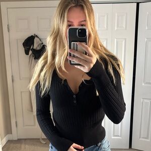Black Ribbed Long Sleeve Top
